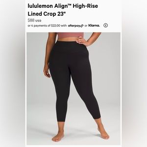 Lululemon Align High Rise Crop leggings 23” size 20 black